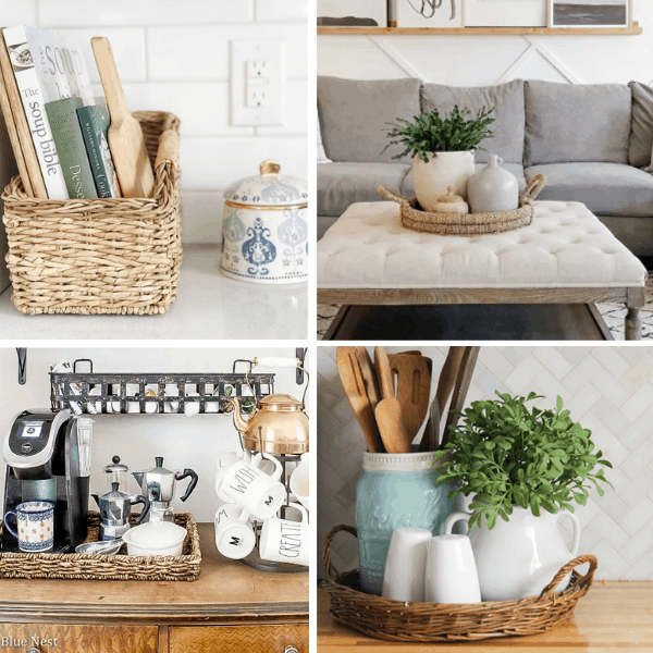 7 Cestas de mimbre de formas elegantes que se pueden usar para decorar y organizar el hogar. Las fuentes para comprar cestas de mimbre son World Market, Target, Home Goods, McGee Co, Serena Lily, CB2, Pottery Barn, West Elm, Crate and Barrel y TJ Maxx. #homedecor # cestas de mimbre