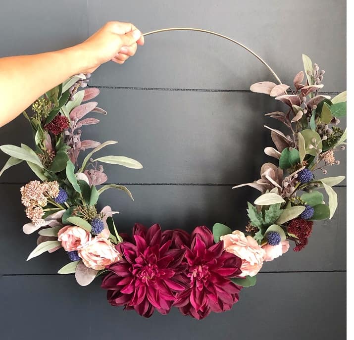 Your DIY Modern Fall Gold Hoop Wreath is done. All the faux flowers and greenery are from Hobby Lobby. 