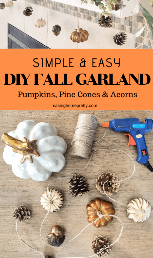 DIY Fall Garland for your fireplace mantel using pumpkins, pine cones and acorns from Hobby Lobby. 