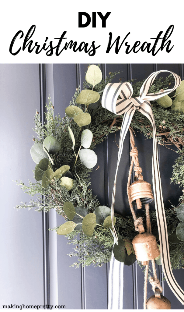 DIY Christmas wreath tutorial with ribbon and brass bells. 