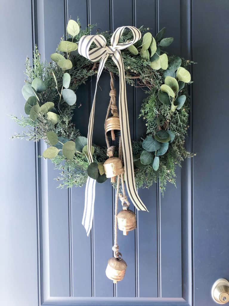 DIY Christmas Wreath with ribbon and brass bells tutorial. 