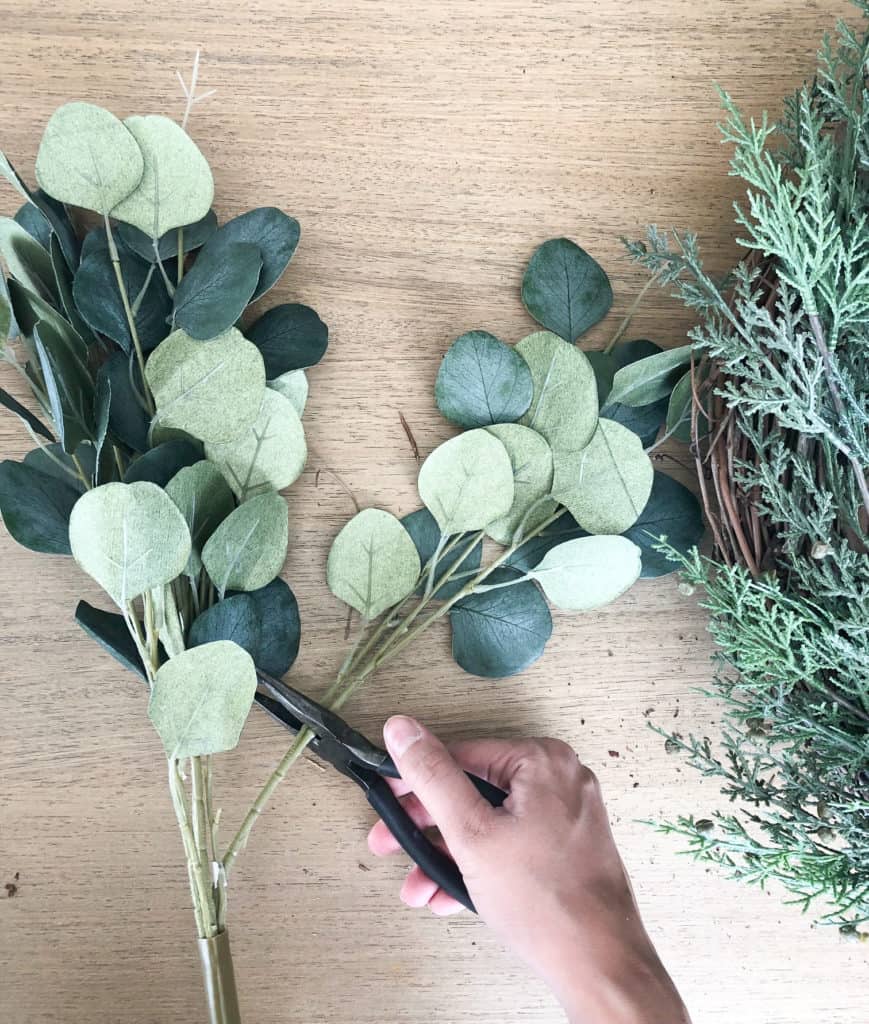 Trim the eucalyptus bush stems and tuck them into your DIY Christmas wreath. 