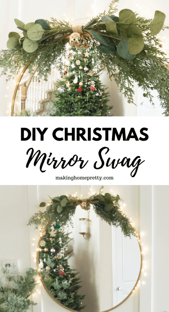 DIY Christmas Mirror Swag tutorial using hobby lobby faux pine branches, eucalyptus, twine and a brass bell. 