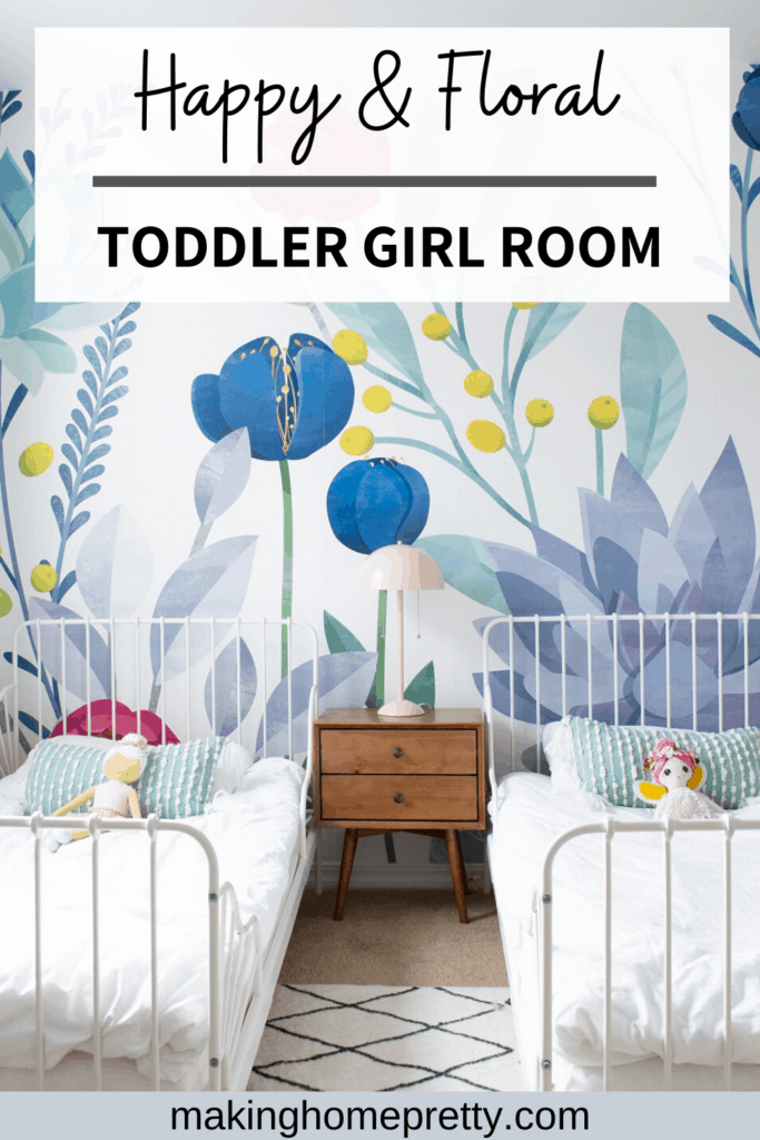 Needing girl room ideas? Check out this Happy and Floral Toddler Girl Room that I designed for my two girls. Sources are linked too!