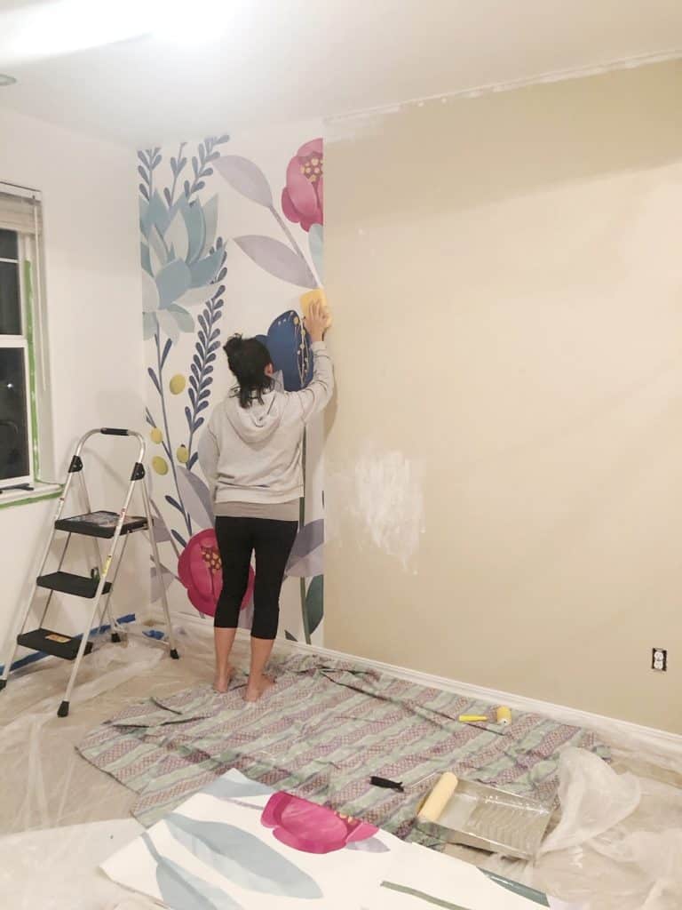 Olivia and Juliana's shared big girl bedroom reveal. Putting up wallpaper over textured walls. 