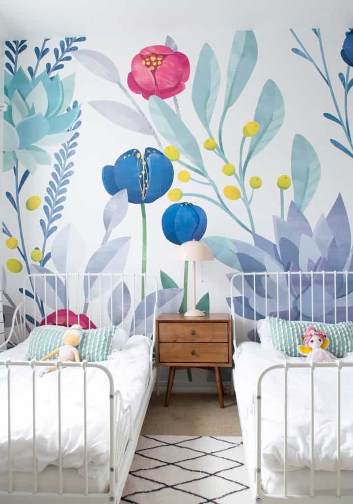 Olivia and Juliana's shared big girl bedroom reveal. This Anewall Mural is perfect and so happy and girly. 